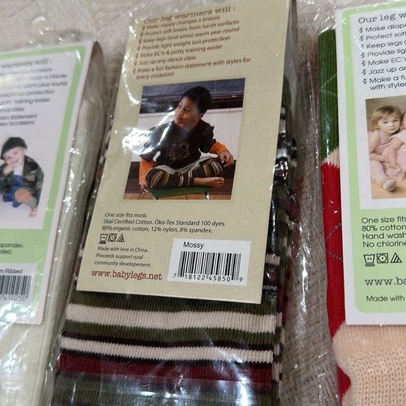 BABYLEGS Leg Warmers neutral cream ribbed mossy green striped stocking plaid OS - Picture 6 of 6